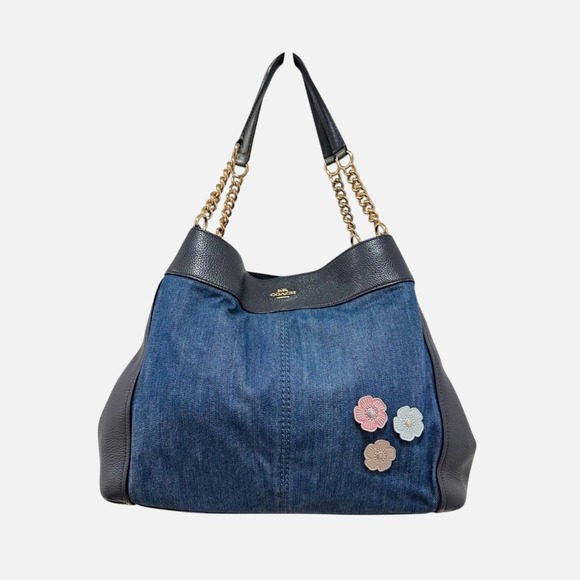 Coach Handbags - Coach Lexy Shoulder Bag Denim Tea Rose Floral Appliqué Navy Leather F25884